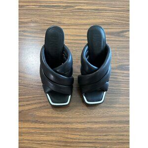 DKNY black faux leather puff cross strap square toe heels size 6M